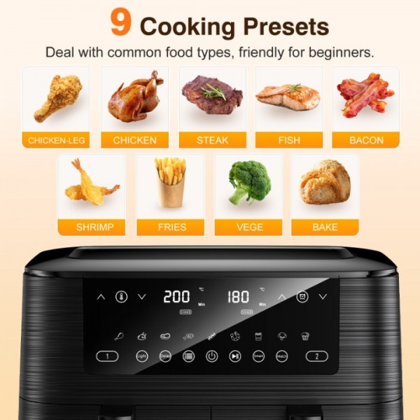 Dual Air Fryer with Visual Window, 9L XL Capacity Double Air Fryers, 2 Drawers, 9-In-1 Cooking Presets, Touch Screen, Smart Finish, Timer Function, Dishwasher-Safe, Healthy Oil Free & Low Fat Cooking