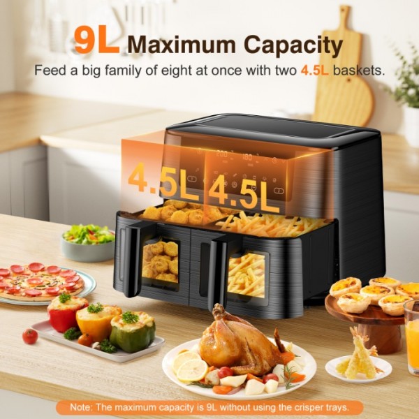 Dual Air Fryer with Visual Window, 9L XL Capacity Double Air Fryers, 2 Drawers, 9-In-1 Cooking Presets, Touch Screen, Smart Finish, Timer Function, Dishwasher-Safe, Healthy Oil Free & Low Fat Cooking